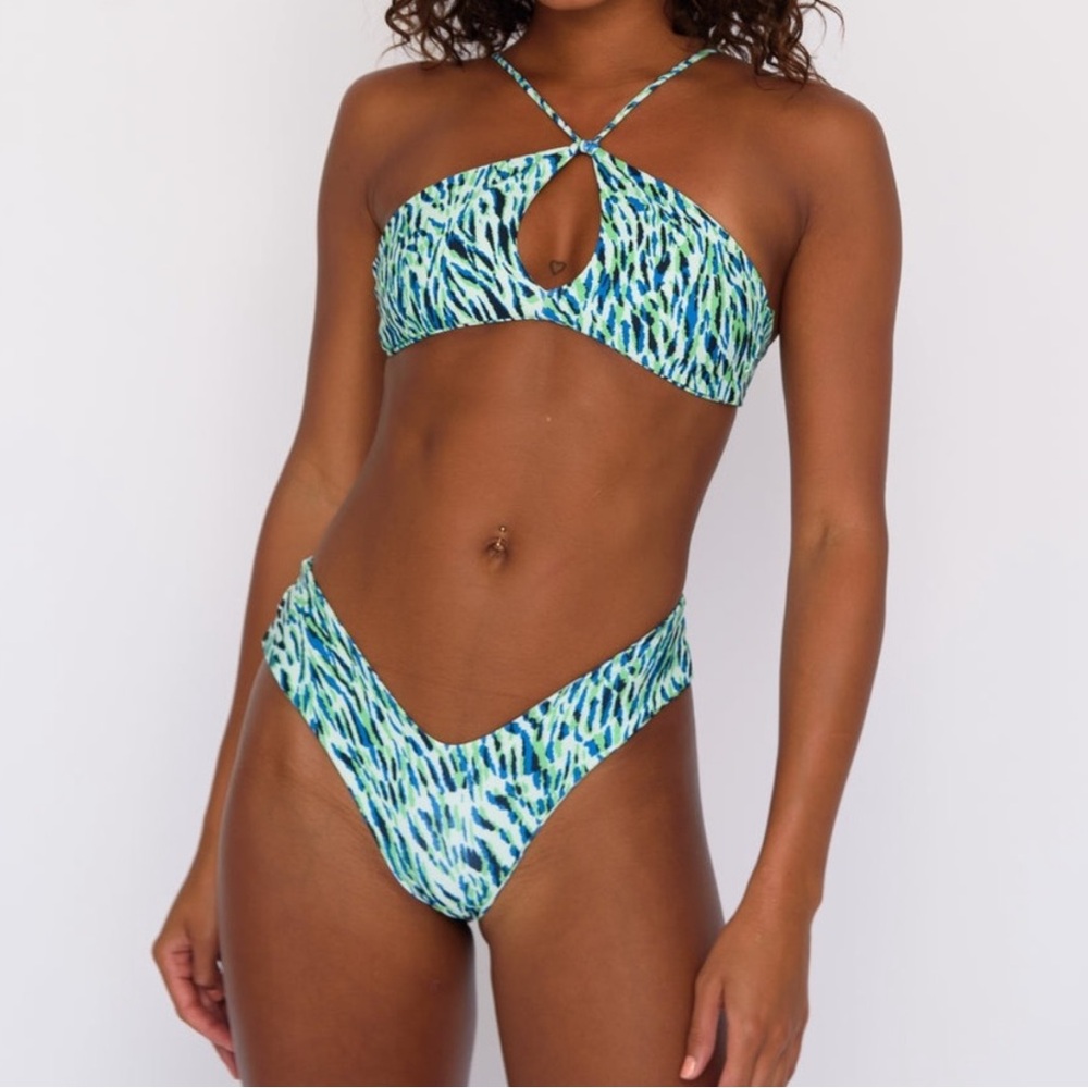 NWT Skatie CLOUDBREAK halter bikini XS Melly Bottom Sophie Top green zebra print